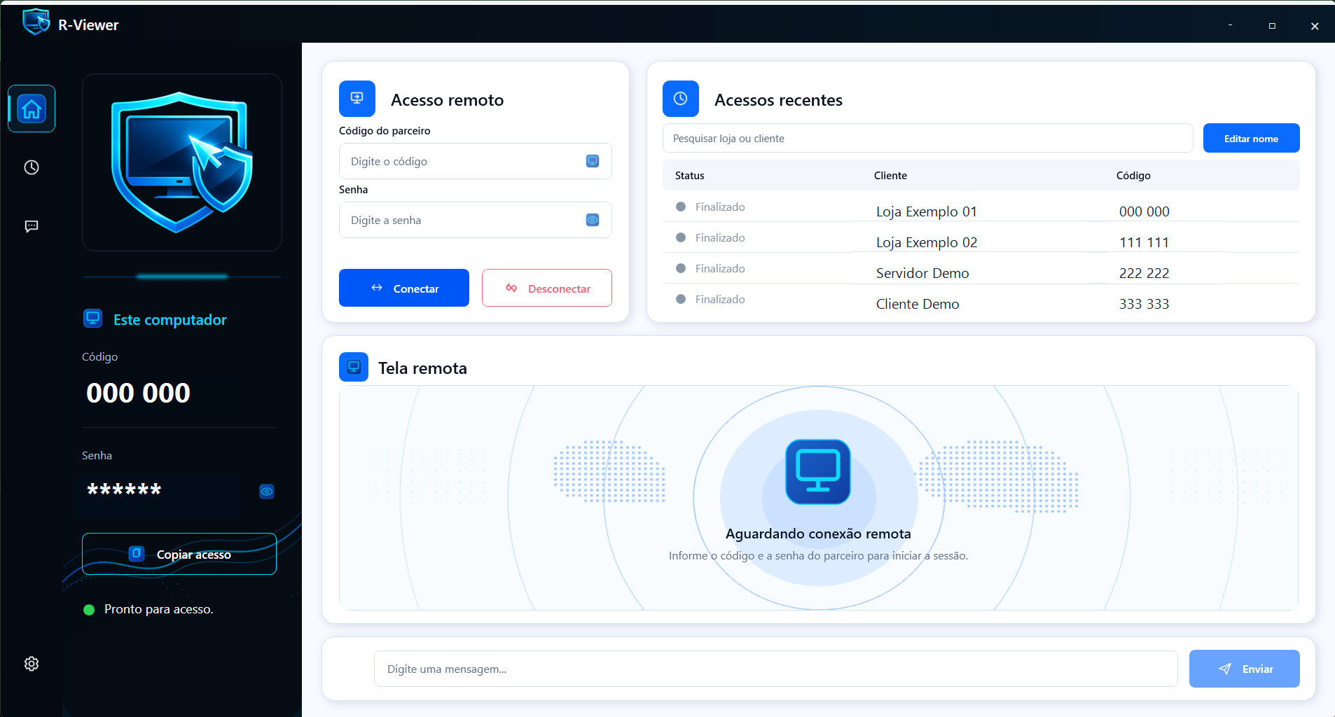 Tela do aplicativo R-Viewer com acesso remoto, lista de acessos recentes e painel da m&aacute;quina